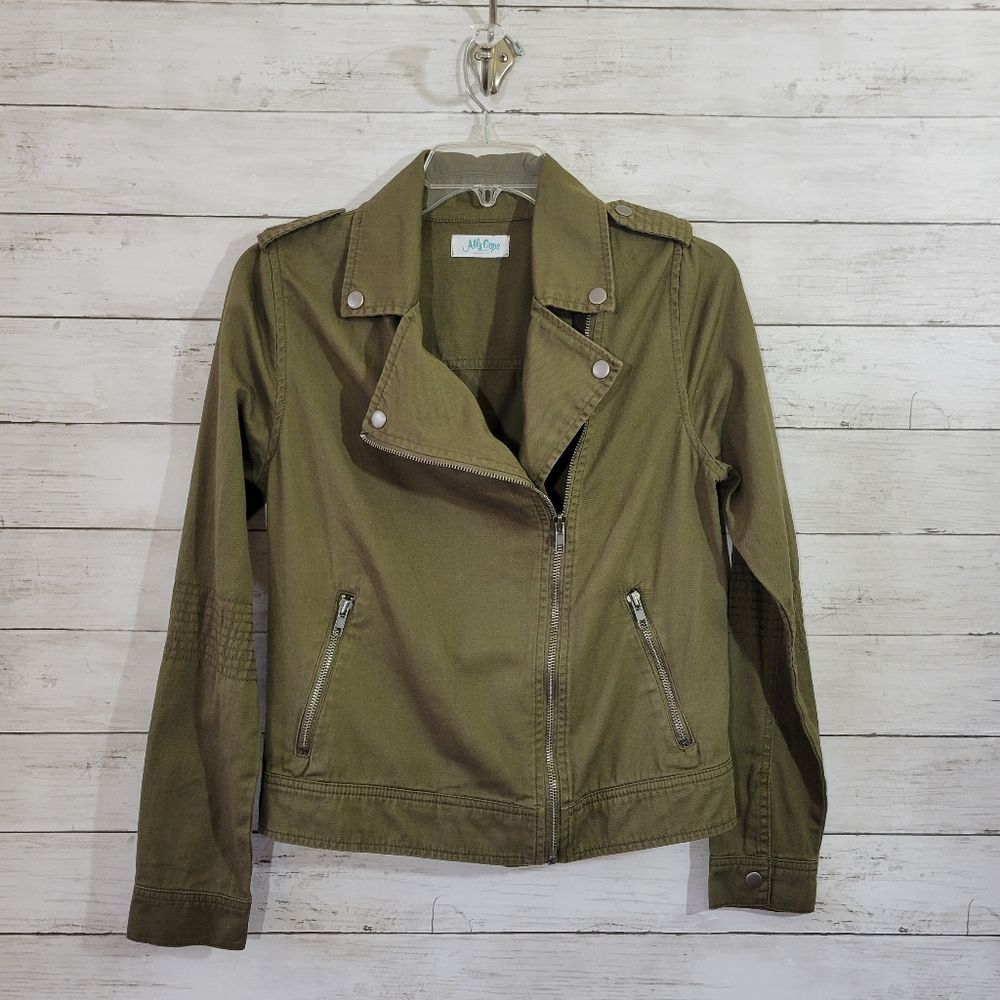 Boutique Brand 100%‎ Cotton Military Green Moto Cropped Blazer Jacket Size Small